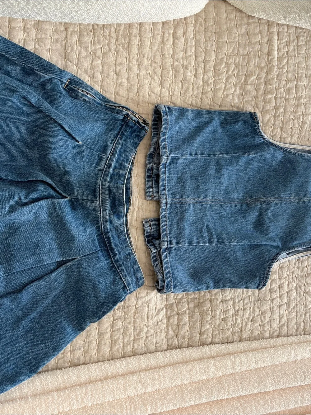 Meshki Light Blue Denim Vest & Pleated Skirt Set